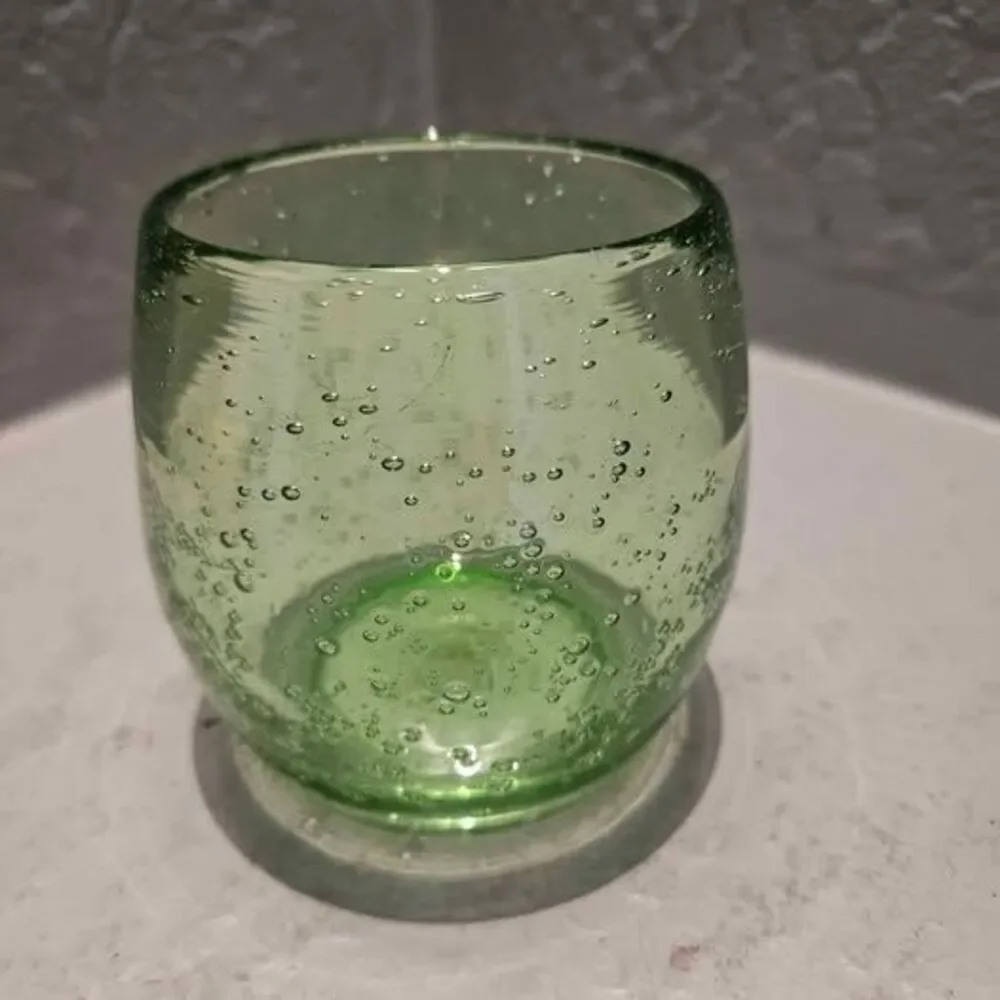 Hand Blown Controlled Bubble Green Glass Candle Votive